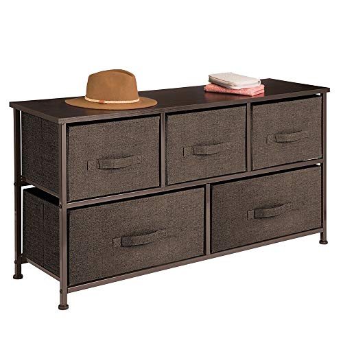 Product Cover mDesign Extra Wide Dresser Storage Tower - Sturdy Steel Frame, Wood Top, Easy Pull Fabric Bins - Organizer Unit for Bedroom, Hallway, Entryway, Closets - Textured Print - 5 Drawers - Espresso Brown