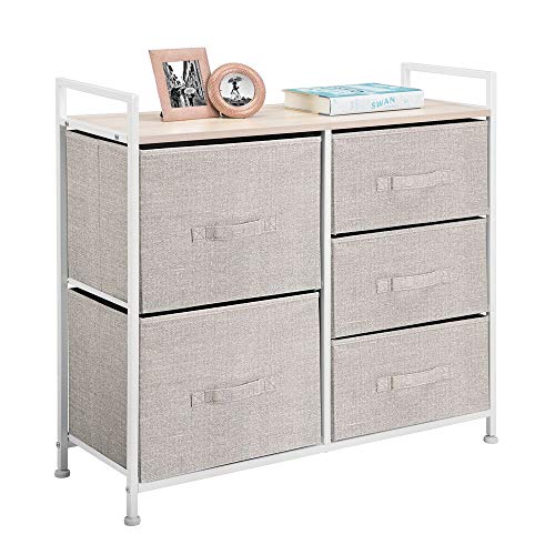 Product Cover mDesign Wide Dresser Storage Tower - Sturdy Steel Frame, Wood Top, Easy Pull Fabric Bins - Organizer Unit for Bedroom, Hallway, Entryway, Closets - Textured Print, 5 Drawers - Linen/Tan