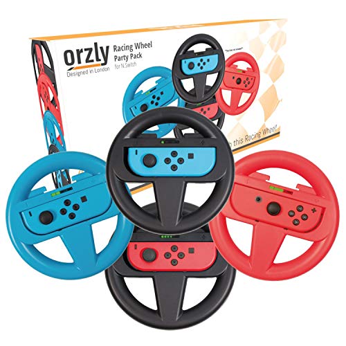 Product Cover Orzly Nintendo Switch Steering Wheel, FOUR PACK, for Mario Kart 8 Deluxe Nintendo Switch, Mariokart Switch Steering Wheel (Joycon Controller Attachments) (2x Black Wheels, 1x Blue Wheel, 1x Red Wheel)