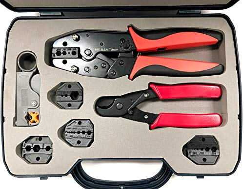 Product Cover ConnectoRF Heavy Duty Quick Change Ratchet Crimping Tool Kit for Coaxial Cable With Crimper Cutter Stripper and 4 Die Sets