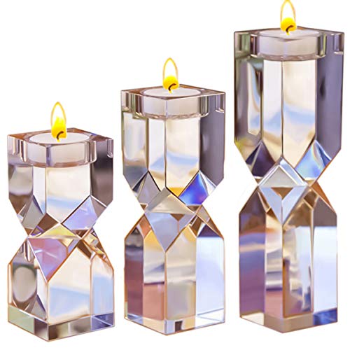 Product Cover Le Sens Amazing Home Large Crystal Candle Holders Set of 3, 4.6/6.2/7.7 inches Height, Elegant Heavy Solid Square Diamond Cut Tealight Holders Sets, Centerpieces for Home Decor and Wedding