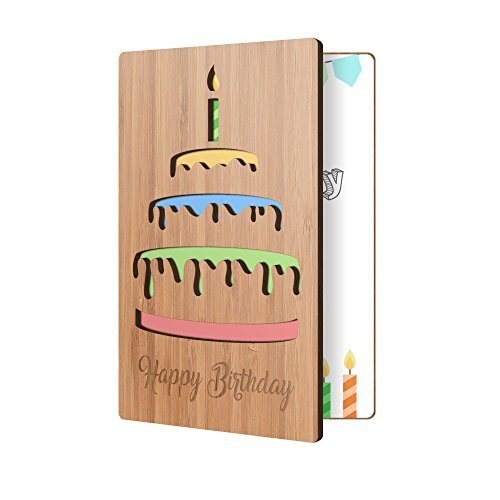 Product Cover Heartspace Cards Happy Birthday Card: Real Bamboo Wood Greeting Card With Cake Design, Handmade Wooden Perfect Gift For Sending Wishes