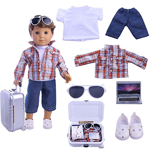 Product Cover ZWSISU Boy Doll Clothes- Lot 7=1 Daily Travel Notebook Clothes Trunk Set+ 1 Shoes fit for American 18 inch Girl & Boy Dolls Logan Doll Outfits