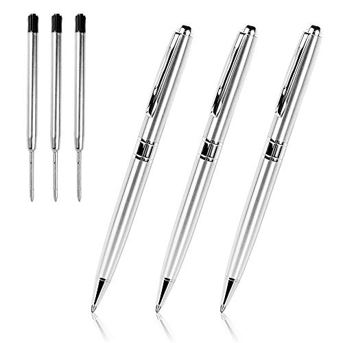 Product Cover Silver Ballpoint Pens Black Ink, Cambond Stainless Steel Uniform Pens for Gift Business Men Police Flight Attendant, 1.0 mm Medium Point, 3 Pens with 3 Refills, Silver - CP0201