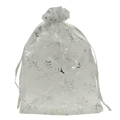 Product Cover Ankirol 100pcs Christmas Organza Favor Bags Snowflake with Silver Print White Jewelry Candy Gift Bags Samples Display Drawstring Pouches (4x6)