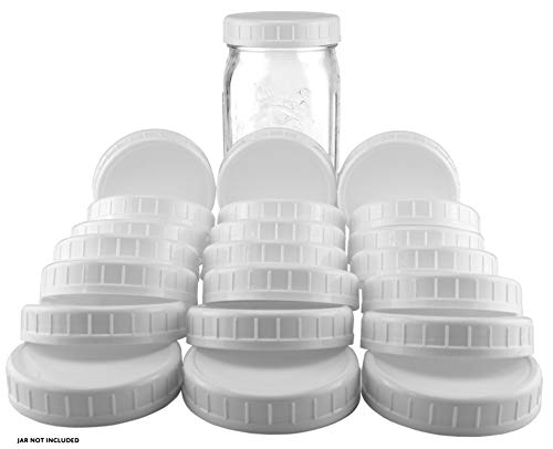 Product Cover Two Dozen Wide Mouth Plastic Mason Jar Lids (24-Pack Bundle); 2 Dozen Unlined White Ribbed Lids, 86-450 Size