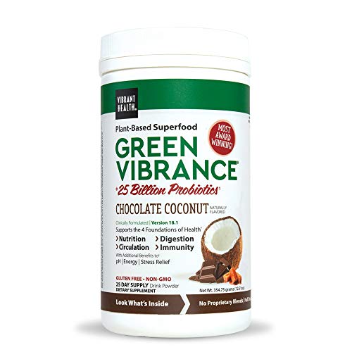 Product Cover Vibrant Health, Green Vibrance, Plant-Based Superfood to Support Immunity, Digestion, and Energy, 25 Billion Probiotics, Gluten Free, Non-GMO, Vegetarian, Chocolate Coconut, 25 Servings
