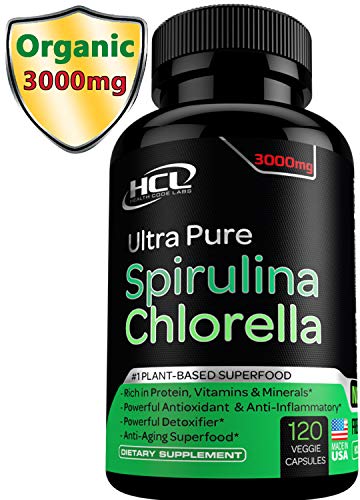 Product Cover Chlorella Spirulina Powder Capsules Organic- Purest Non-Irradiated Blue Green Algae Tablets - Best Raw Vegan Protein Green Superfood Broken Cell Wall - Made in USA