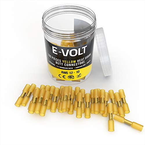 Product Cover 100 PC Yellow Heat Shrink Butt Crimp Connectors: 12 10 Gauge Bulk Waterproof Electrical Terminals - Insulated AWG Automotive, Marine, Audio, and Industrial Grade. Hot Melt Adhesive Butt Splice
