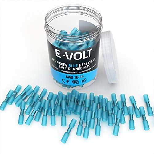 Product Cover 150 PCS Blue Heat Shrink Butt Crimp Connectors: 16 14 Gauge Bulk Waterproof Electrical Terminals - Insulated AWG Automotive, Marine, Audio, and Industrial Grade. Hot Melt Adhesive Butt Splice
