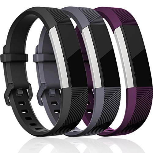 Product Cover Maledan Replacement Bands Compatible for Fitbit Alta, Alta HR and Fitbit Ace, Classic Accessories Band Sport Strap for Fitbit Alta HR, Fitbit Alta and Fitbit Ace, 3 Pack, Black/Gray/Plum, Small
