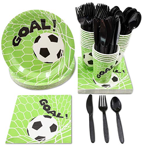 Product Cover Juvale Soccer Party Supplies - Serves 24 - Includes Plates, Knives, Spoons, Forks, Cups and Napkins. Perfect Soccer Birthday Party Pack for Kids Soccer Themed Parties.