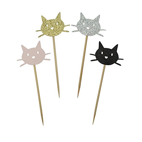 Product Cover Shxstore Kitty Cat Cupcake Toppers Shiny Black Gold Silver and Pink Cute Cat Head Cake Top Decorations for Baby Shower Birthday Party 24pcs