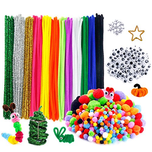 Product Cover Caydo 600 Pieces Pipe Cleaners Pompoms Set, Including 120 Pieces 12 Colors Pipe Cleaners, 360 Pieces 6 Size Pom Poms and 120 Pieces 4 Size Wiggle Eyes for Craft DIY Art Supplies
