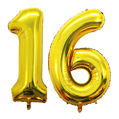 Product Cover GOER 42 Inch Gold 16 Number Balloons for 16th Birthday Party Decorations,Jumbo Foil Helium Balloons for Sweet 16 Party,16th Anniversary