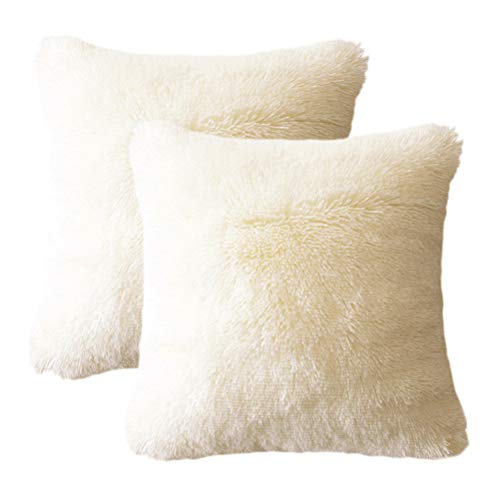 Product Cover LIFEREVO 2 Pack Shaggy Plush Faux Fur Decorative Throw Pillow Cover Velvety Soft Cushion Case 18 x 18 Inch, Light Beige