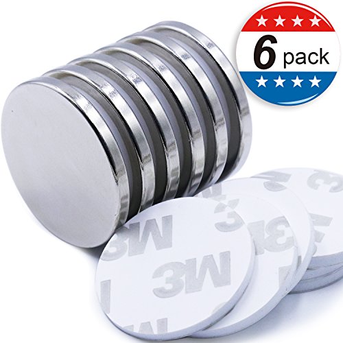 Product Cover Super Strong Neodymium Disc Magnets with Double-Sided Adhesive, Powerful Permanent Rare Earth Magnets. Fridge, DIY, Building, Scientific, Craft, and Office Magnets, 1.26 inch D x 1/8 inch H - 6 Packs