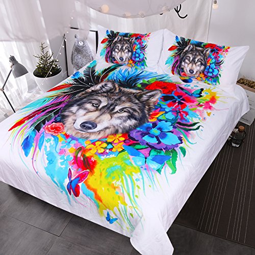 Product Cover BlessLiving Floral Boho Wolf Duvet Cover Cool Wildlife Bedding Set Bright Rainbow Flower Blossoms Bed Spread (Twin)