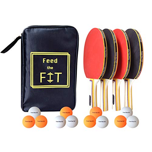 Product Cover Feed the Fit Ping Pong Paddle Set - Professional 4-Player Table Tennis Racket Bundle with 12 Balls and Carrying Case, Perfect Grip and Control - Great Outdoor Activity for Family, Kids and Friends