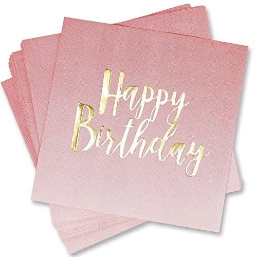 Product Cover 100 Count Happy Birthday Napkins 3 Ply Pink Ombre Luncheon Napkin with Metallic Gold Foil for Dinner Celebration Party Favor Supplies Decorations by Gift Boutique