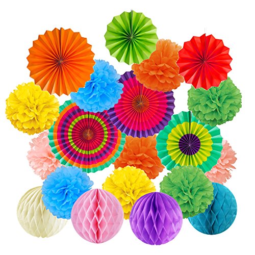 Product Cover Cocodeko Hanging Paper Fans Tissue Paper Pom Poms Flower and Honeycomb Balls for Birthday Party Wedding Festival Christmas Decorations - Colorful