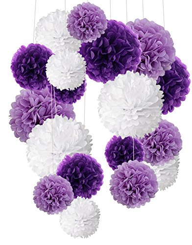 Product Cover Tissue Paper Pom Poms, Recosis Paper Flower Ball for Birthday Party Wedding Baby Shower Bridal Shower Festival Decorations, 18 Pcs - Purple, Lavender and White