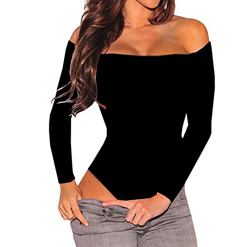 Product Cover MAYFASEY Women's Sexy Off Shoulder Long Sleeve Bodycon Bodysuit Leotard Jumpsuit Tops (Medium, Black)