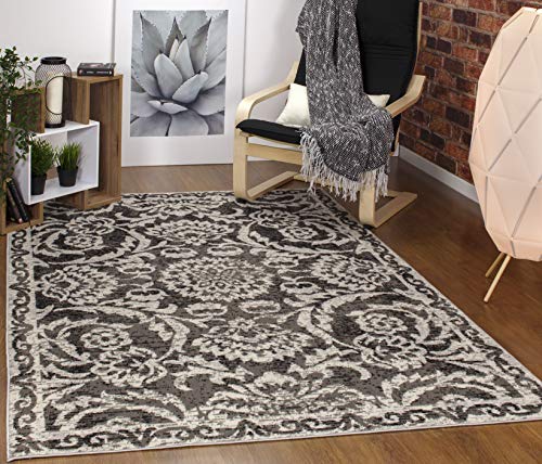 Product Cover Antep Rugs Kashan King Collection Floral Polypropylene Indoor Area Rug (Grey/Black, 5' x 7')