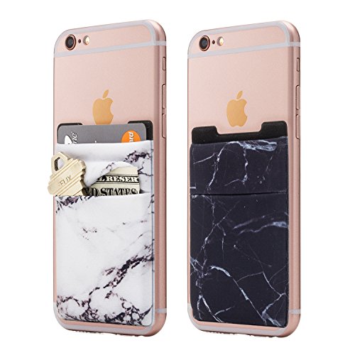 Product Cover (Two) Stretchy Marble Cell Phone Stick On Wallet Card Holder Phone Pocket for iPhone, Android and All Smartphones. (Black/White)