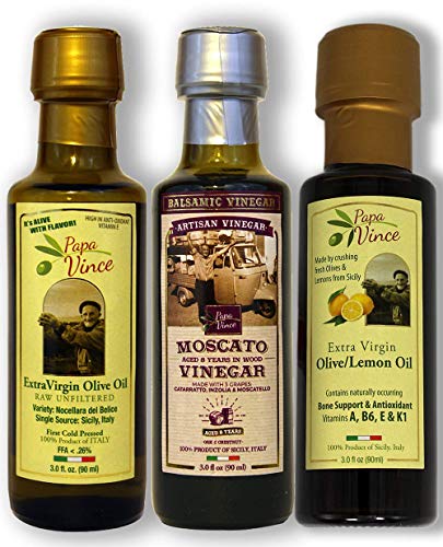 Product Cover Papa Vince Infused Olive Oil - Dipping Set | Lemon Olive Oil | Balsamic Vinegar aged 8-years in wood | Extra Virgin Olive Oil from Sicily, Italy | 3 fl oz each