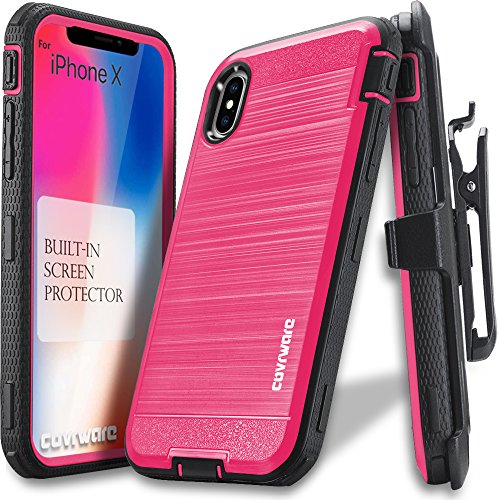 Product Cover iPhone X Case, COVRWARE [Iron Tank] Built-in [Screen Protector] Heavy Duty Full-Body Rugged Holster Armor [Brushed Metal Texture] Case [Belt Clip][Kickstand] for Apple iPhone X/iPhone 10, Pink