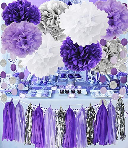 Product Cover Qian's Party Bridal Shower Decorations Purple White Silver Tissue Pom Pom with Amaranth Purple Silver Circle Paper Garland for Baby Shower Decorations/Birthday Decorations