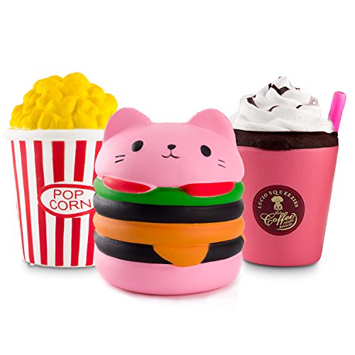 Product Cover WATINC Kawaii Jumbo 3pcs Hamburger&Popcorn Set Squishy Sweet Scented Vent Charms Kid Toy Hand Toy, Stress Relief Toy , Decorative Props Doll Gift Fun Large (Pink ham&pop Corn)