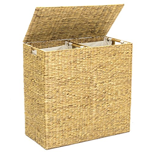 Product Cover Best Choice Products Water Hyacinth Double Laundry Hamper Basket w/ 2 Liner Basket Bags, Natural