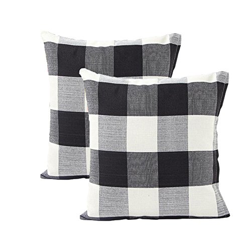 Product Cover TEALP Buffalo Check Throw Pillow Cover Linen Cotton Decorative Pillow Case Home Sofa Cushion Set,2-Pack Square Design (18x18 inch),Black and White