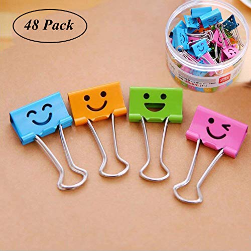 Product Cover Medium Metal Paper Clips Assorted, Coideal 48 Pack Colored Binder Clips with Cute Lovely Hollow Smiling Face/Multi Color Photo File Paper Document Clip Clamp Organizer for Office Home (25mm)