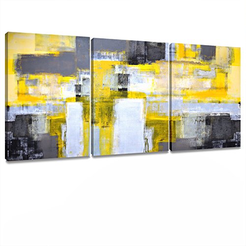 Product Cover Decor MI Canvas Wall Art Abstract Yellow Grey Framed Wall Art Paintings for Bedroom Living Room Office Home Decoration Modern Canvas Artwork Wall Decor Ready to Hang 12''x16'', 3 Pieces
