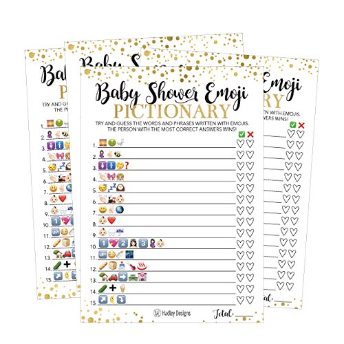 Product Cover 25 Emoji Pictionary Baby Shower Games Ideas For Men, Women, Kids, Girls or Boys, and Couples, Cute Shower Party Bundle Set, Pink, Gold or Blue Gender Neutral Unisex Fun Coed Adult Funny Guessing Cards