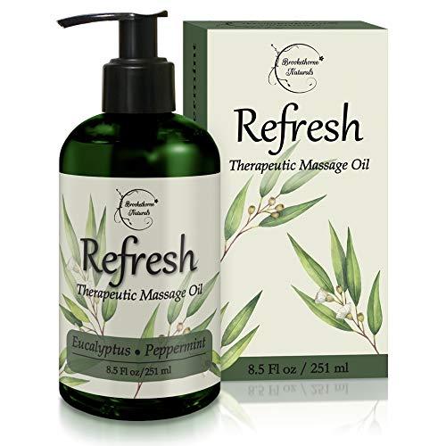 Product Cover Refresh Massage Oil with Eucalyptus & Peppermint Essential Oils - Great for Massage Therapy. Stress Relief & All Natural Muscle Relaxer. Ideal for Full Body Massage - Nut Free Formula 8.5oz