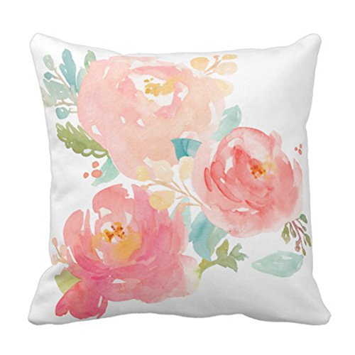 Product Cover Emvency Throw Pillow Cover Flower Girly Peonies Summer Watercolor Pastel Floral Mint Decorative Pillow Case Home Decor Square 18 x 18 Inch Pillowcase
