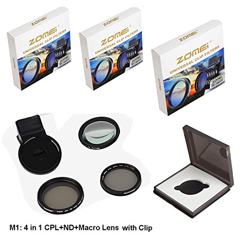 Product Cover Zomei 4 in 1 Cell Phone Camera Lens Kit, 10X Close Up Macro Lens + Fader ND2-400 Filter + CPL Polarizing Filter with 37mm Clip for iPhone Samsung Android Smartphones