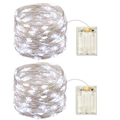 Product Cover 2 Pack Battery Operated Mini Lights,Indoor Led Fairy Lights with Timer 6 Hours on/18 Hours off for Wedding Party Decorations,50 Count Leds,17 Feet Silver Wire(Cold White)