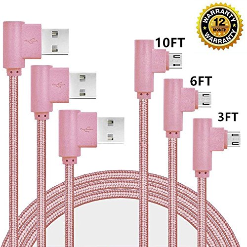 Product Cover Micro USB Cable, CTREEY 90 Degree 3 Pack 3FT 6FT 10FT Long Premium Nylon Braided Android Fast Charger USB to Micro USB Charging Cable for Samsung Galaxy S7 Edge/S6/S5, Note 5/4/3 (Pink)
