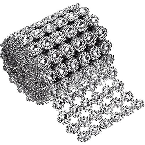 Product Cover Bememo 6 Rows Silver Flower Diamond Mesh Wrap Roll Faux Crystal Rhinestone Ribbon for Party Decorations, 4 inch x 3 Yards