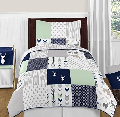 Product Cover Sweet Jojo Designs 4-Piece Navy Blue, Mint and Grey Woodsy Deer Boys Kids Childrens Twin Bedding Set