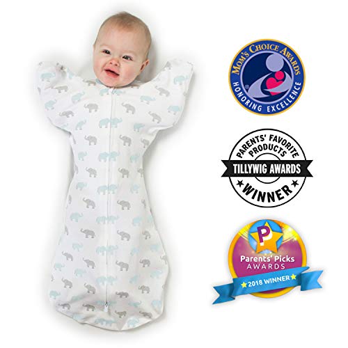 Product Cover Amazing Baby Transitional Swaddle Sack with Arms Up Half-Length Sleeves and Mitten Cuffs, Tiny Elephants, Blue, Small, 0-3 Months (Parents' Picks Award Winner)