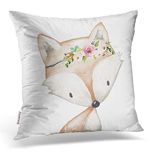 Product Cover Emvency Square 18x18 Inches Decorative Pillowcase Cute Little Girl Fox Flower Baby Boho White Background Polyester Decor Throw Pillow Cover with Hidden Zipper for Bedroom Sofa