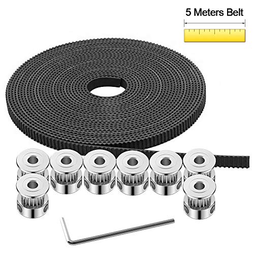 Product Cover GT2 Timing Belt Pulley, 8pcs 5mm 20 Teeth Timing Pulley Wheel and GT2 5 Meters Rubber 2mm Pitch 6mm Wide Timing Belt with Allen Wrench for 3D Printer CNC by Beauty Star