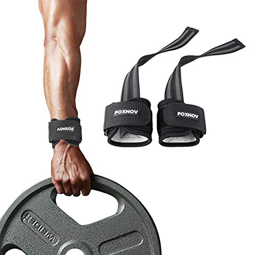 Product Cover FOXNOV Padded Heavy Duty Weightlifting Straps with Cushioned Wrist Support and No- Slip Rubber Build-in Grip, Best for Deadlifts Adjustable Durable Nylon Bodybuilding Lifting Straps Gym