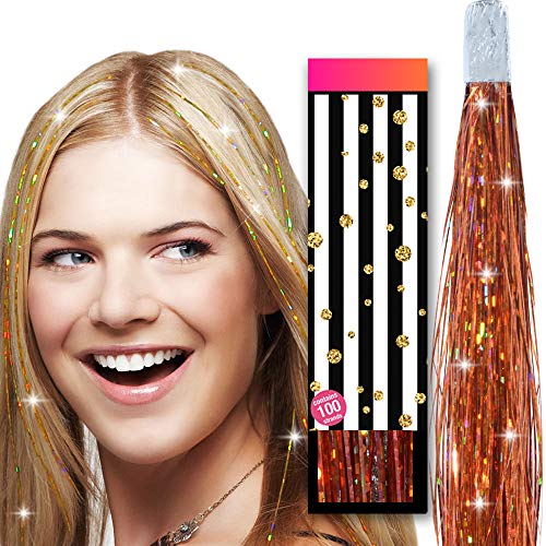 Product Cover Hair Tinsel accessories kit for girls - HAIR DAZZLE - 100 Glitter Strands of Holographic Fairy Extensions, Professional Salon Quality, Add Shimmer & Sparkle - ROSE GOLD BRONZE Color